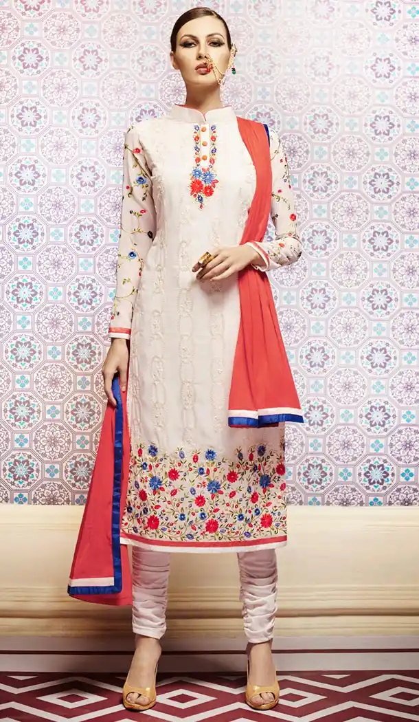 Off White Georgette Churidar Kameez Online Shopping | FH407165730
