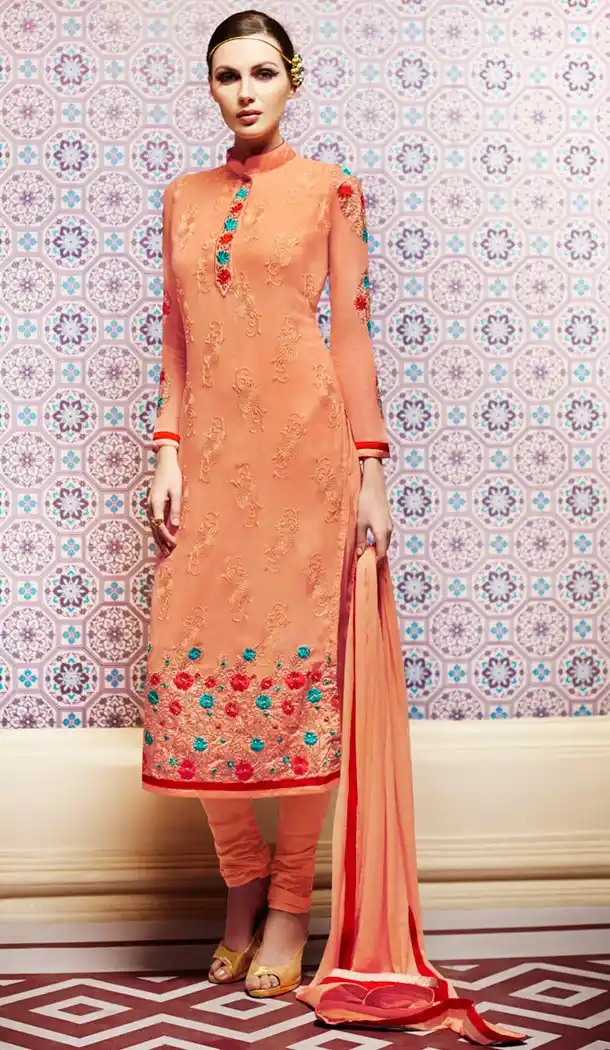 Peach Puff Georgette Churidar Kameez Online Shopping | FH407165731