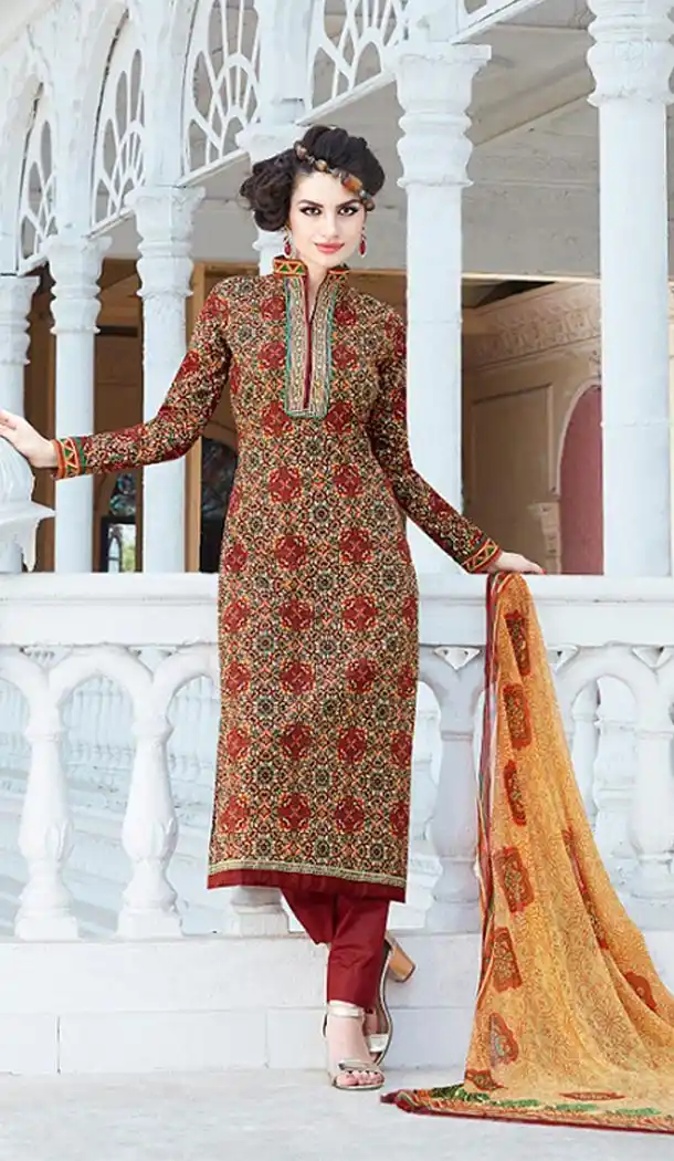 Maroon Color Cotton Printed Narrow Pants and Kameez Online Shopping | FH407365739