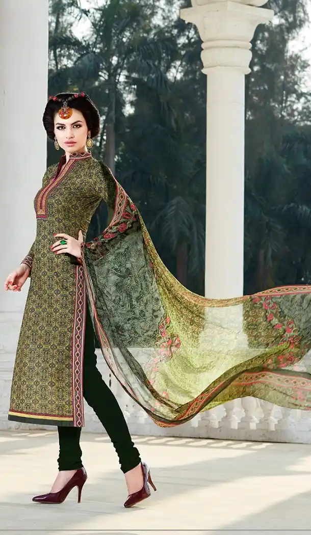 Cotton Mehendi Green Color Printed Churidar Kameez Online Shopping | FH407365745