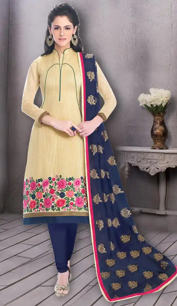 Dark Cream Chanderi Silk Casual and Formal Churidar Kameez Online | FH407465758