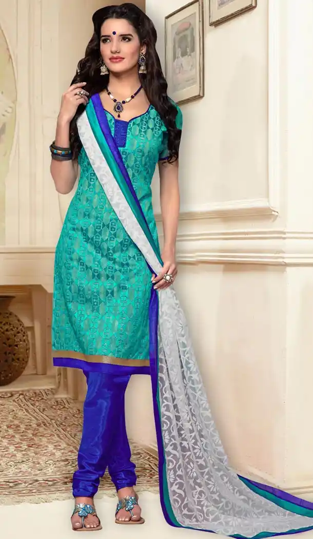 Turquoise Chanderi Silk Casual and Formal Churidar Kameez Online | FH408165772