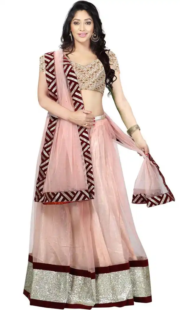 Women's Salmon Net Fabric Pretty Lehenga Choli With Lace Work Dupatta | FH408665933