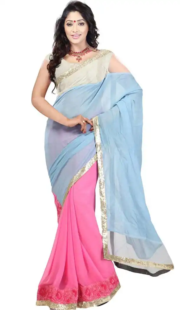 Gorgeous Rose Pink Georgette Saree Ethnic Lace Work | FH408665935