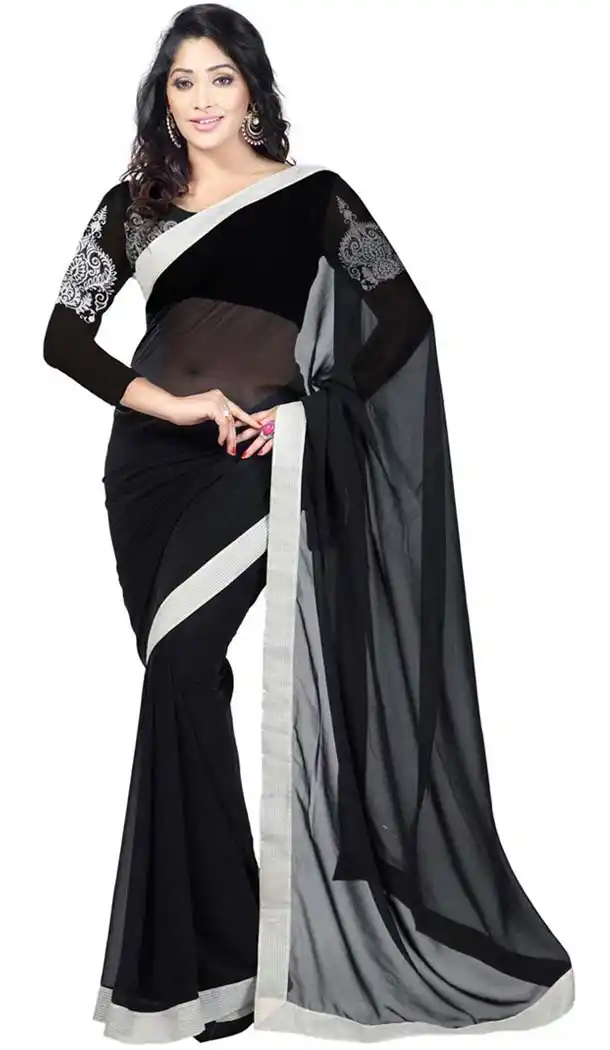 Black Georgette Saree Ethnic Lace Work | FH408665939