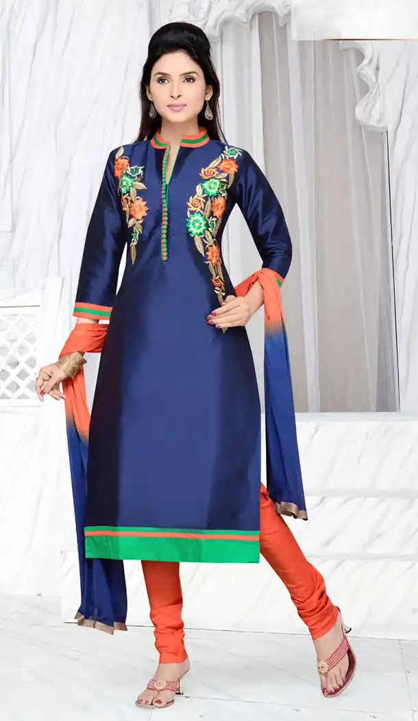 Navy Blue Color Art Silk Ready Made Churidar Suit | FH409366041