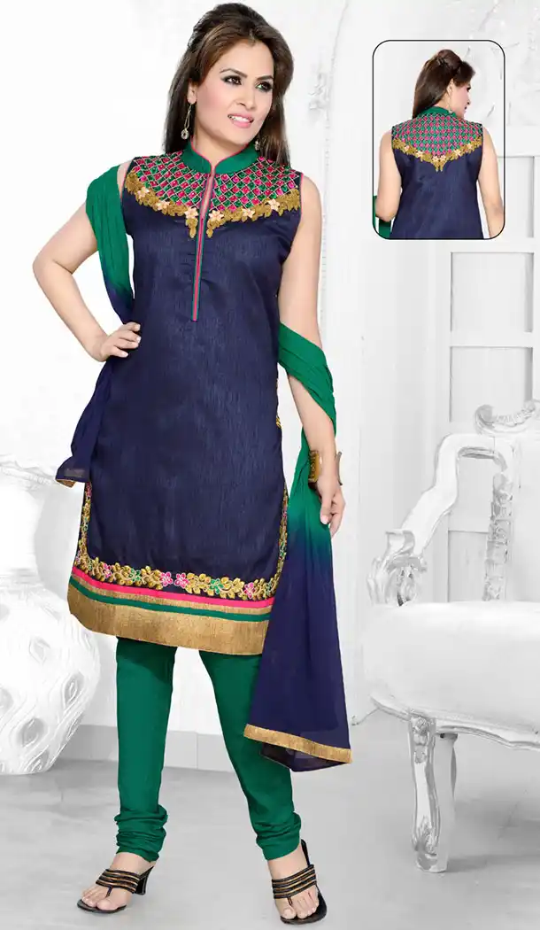 Navy Blue Color Art Silk Ready Made Churidar Suit | FH409366047