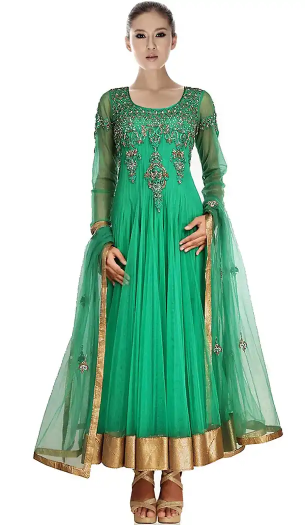 Lime Green Net Long Designer Wedding Readymade Churidar Kameez | FH411666290