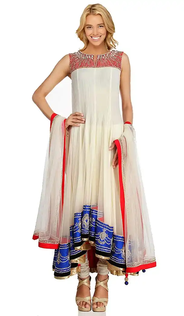 Off White Georgette Long Designer Wedding Readymade Churidar Kameez | FH411666293