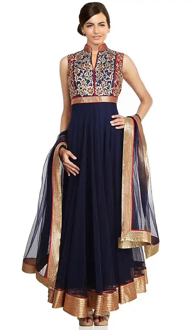Navy Blue Net Long Designer Wedding Readymade Churidar Kameez | FH411666294
