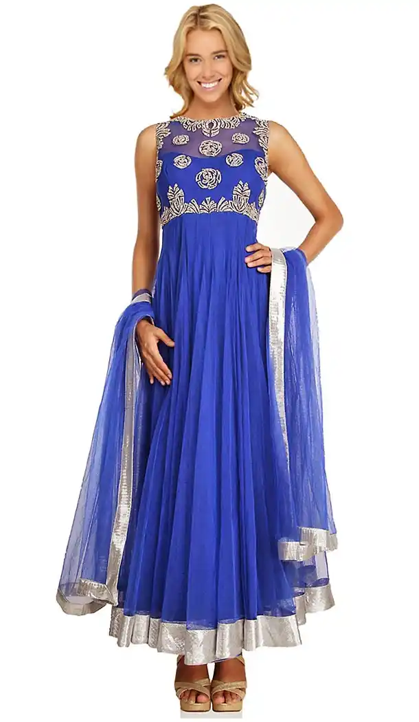Blue Net Long Designer Wedding Readymade Churidar Kameez | FH411666295
