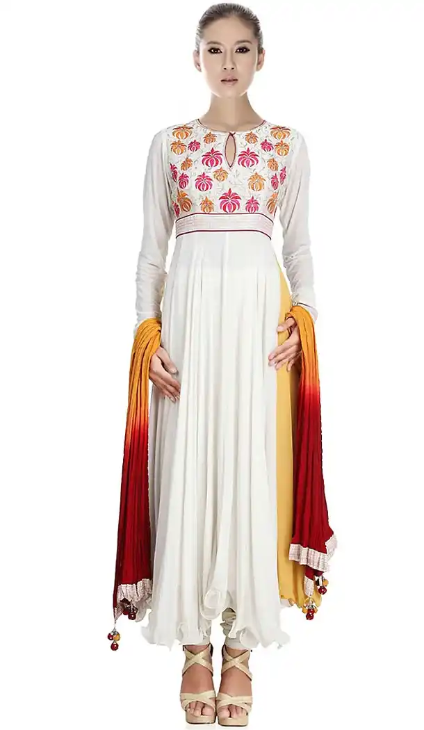 White Color Georgette Long Designer Wedding Readymade Churidar Kameez | FH411766313