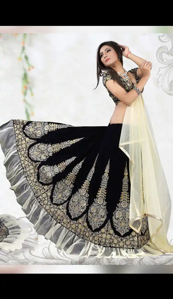 Women's Velvet Fabric and Black Pretty Circular Lehenga Style | FH412266422