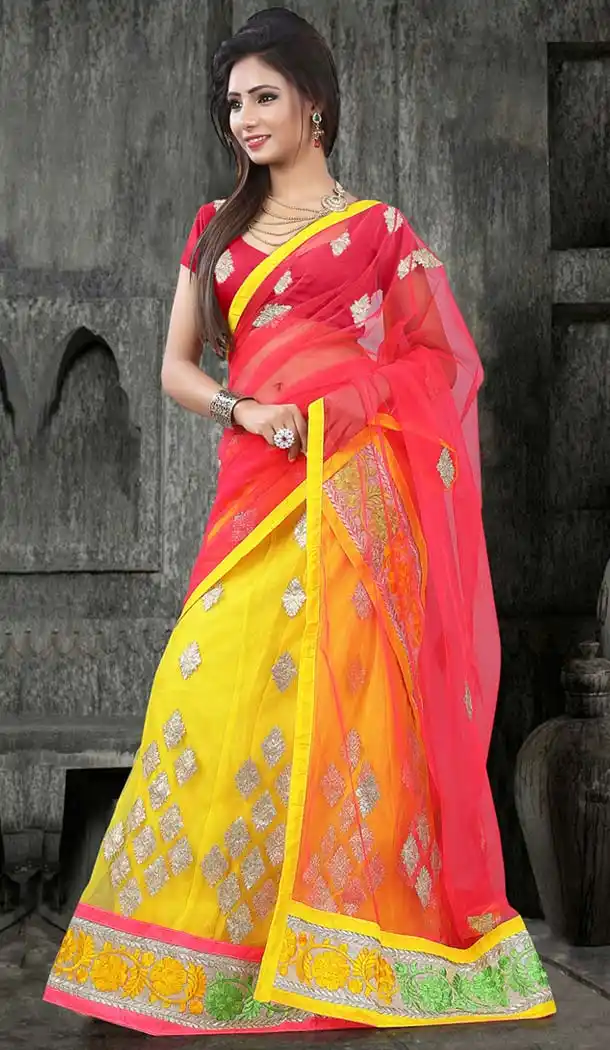 Women's Yellow and Net Fabric Pretty Lehenga Choli | FH412866521