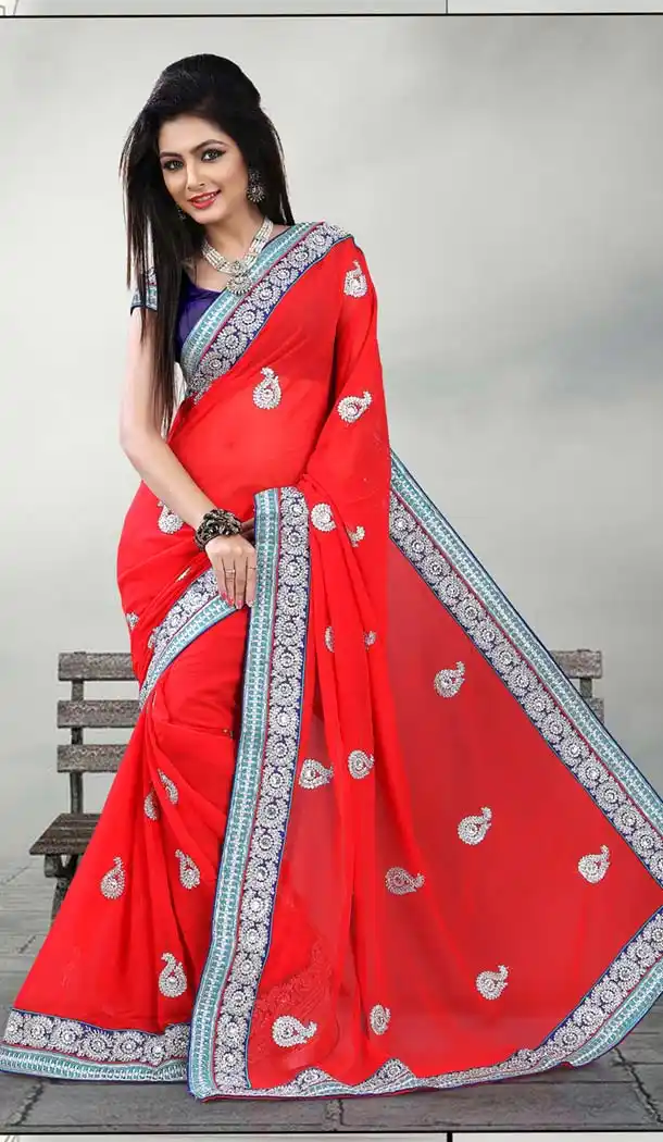 Charming Embroidered Pallu Saree in Deep Scarlet | FH412966539