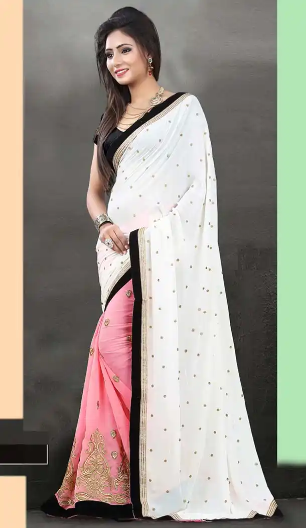Embroidered Pallu Saree in Off White | FH412966540