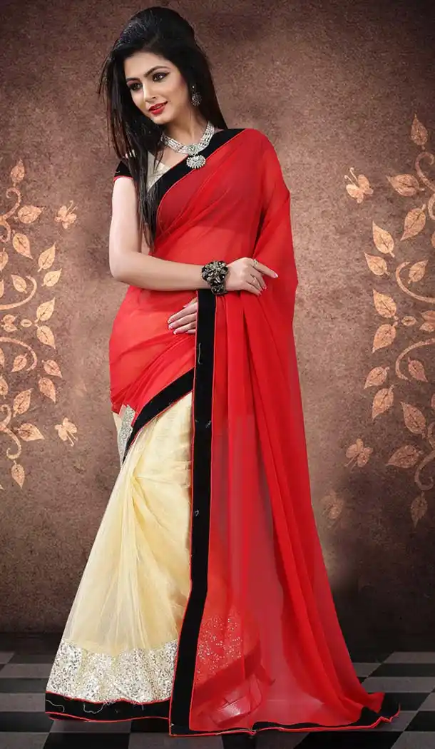 Women's Classic Looking Net Red Ethnic Saree | FH412966542