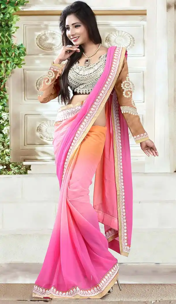 Pink Saree With Eye-catching Plain Pallu | FH412966542