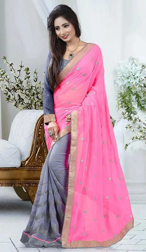 Slate Gray Saree With Charming Embroidered Pallu | FH412966545