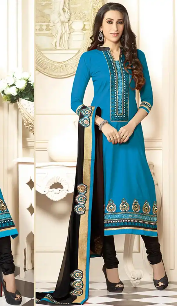 Buy Sky Blue Color Cotton Karisma Kapoor Wear Churidar Kameez Online | FH414766634