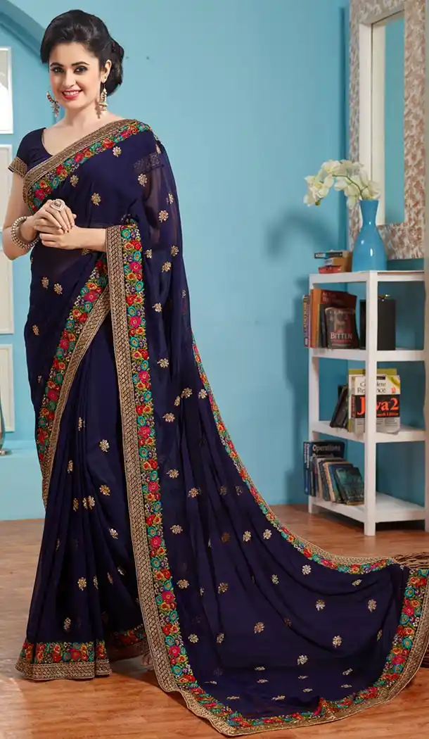Lovely Embroidered Pallu Saree in Navy Blue Color | FH415066662
