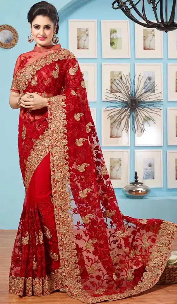 Classic Looking Net Red Ethnic Saree For Womens | FH415066667