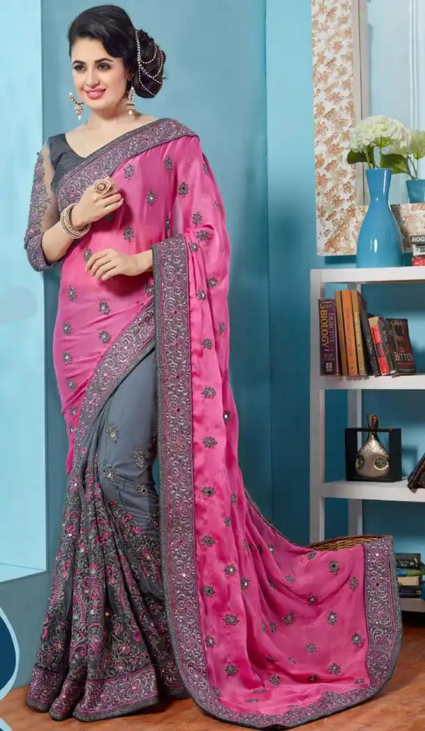 Women's Classic Looking Net Gray Saree | FH415066670