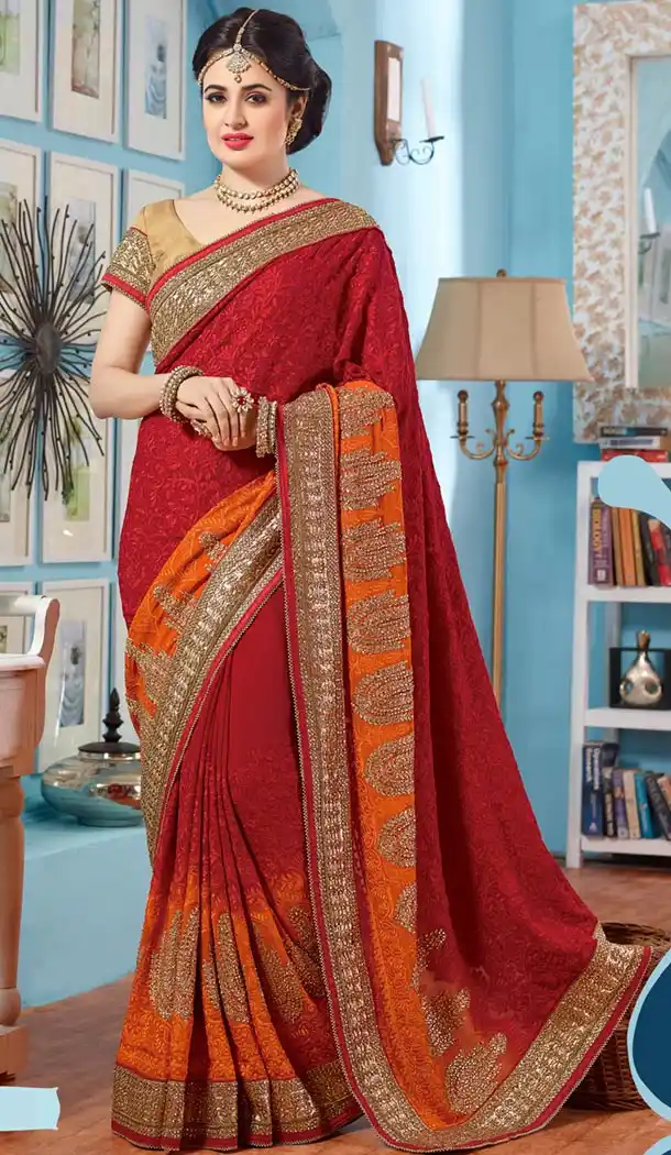 Striking Embroidered Pallu Saree in Brick Red Color | FH415066674