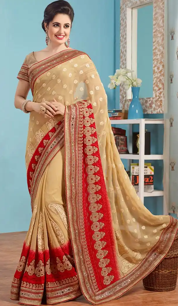 Embroidered Pallu Saree in Tan Brown Color | FH415066677