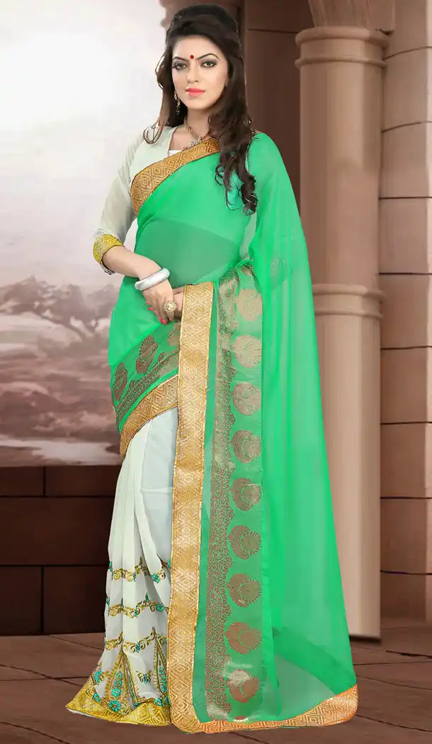 Printed Pallu Saree in Turquoise | FH418367013