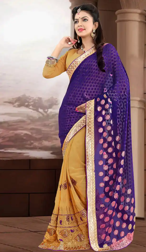 Purple Saree with Resham Work | FH418367019