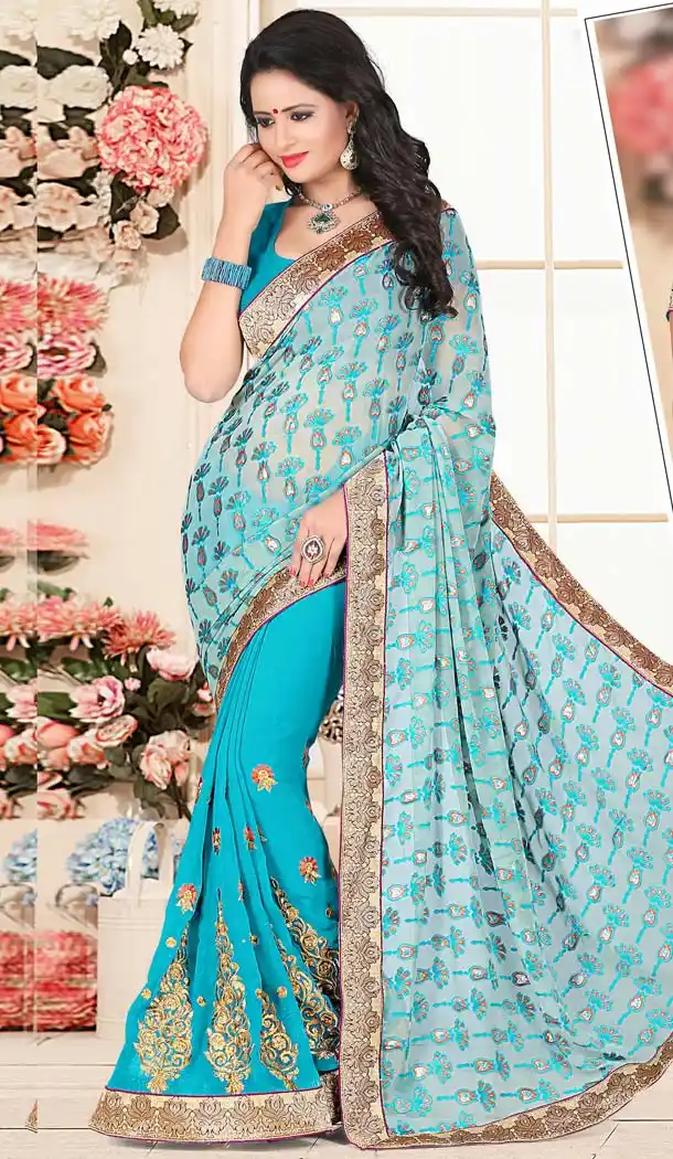 Incredible Printed Pallu Saree in Sky Blue Color | FH418467024