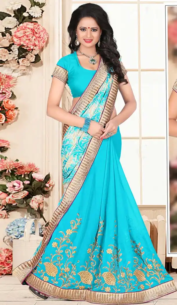 Striking Printed Pallu Saree in Sky Blue Color | FH418467026