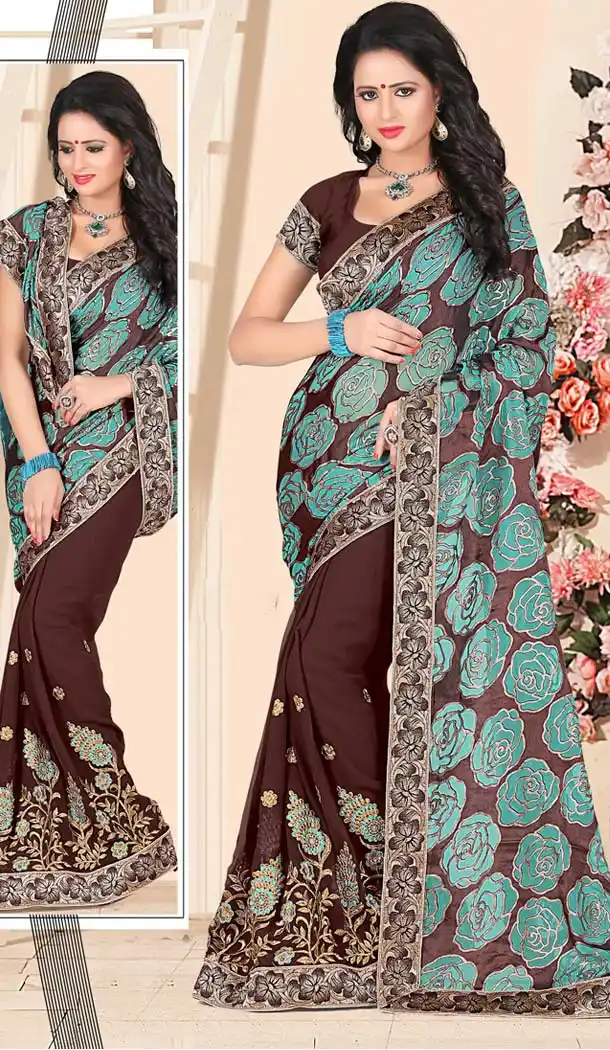 Chocolate Color Saree With Gorgeous Printed Pallu | FH418467036