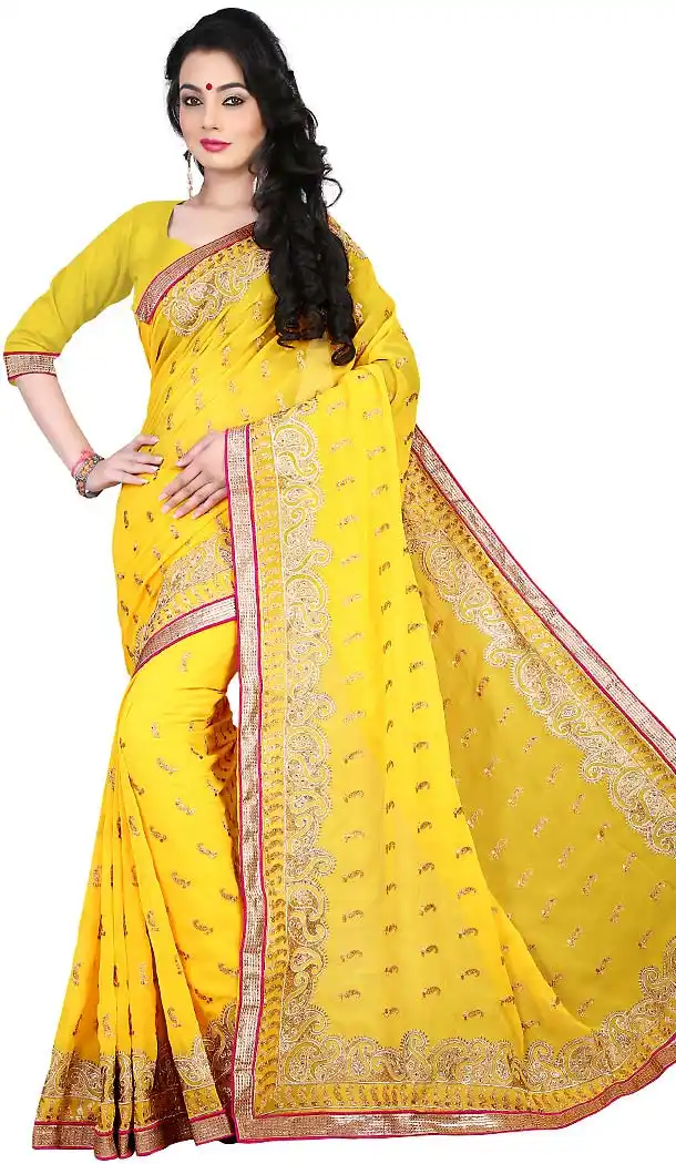 Yellow Saree With Fine-looking Embroidered Pallu | FH418567044