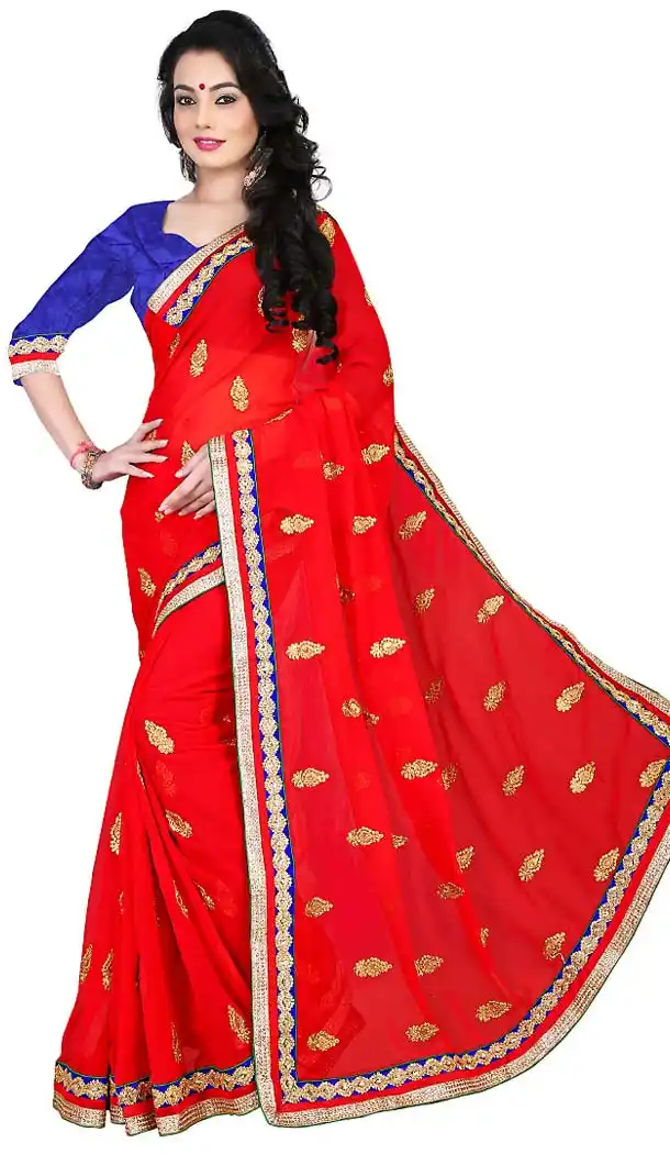 Deep Scarlet Saree With Embroidered Pallu | FH418567045