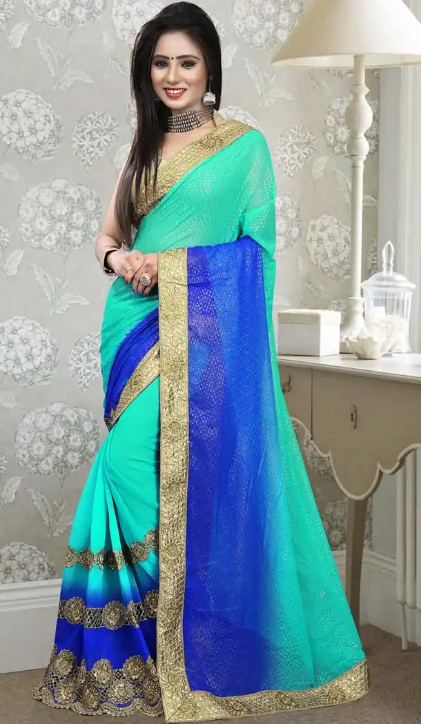 Appealing Plain Pallu Saree in Turquoise Color | FH418667049