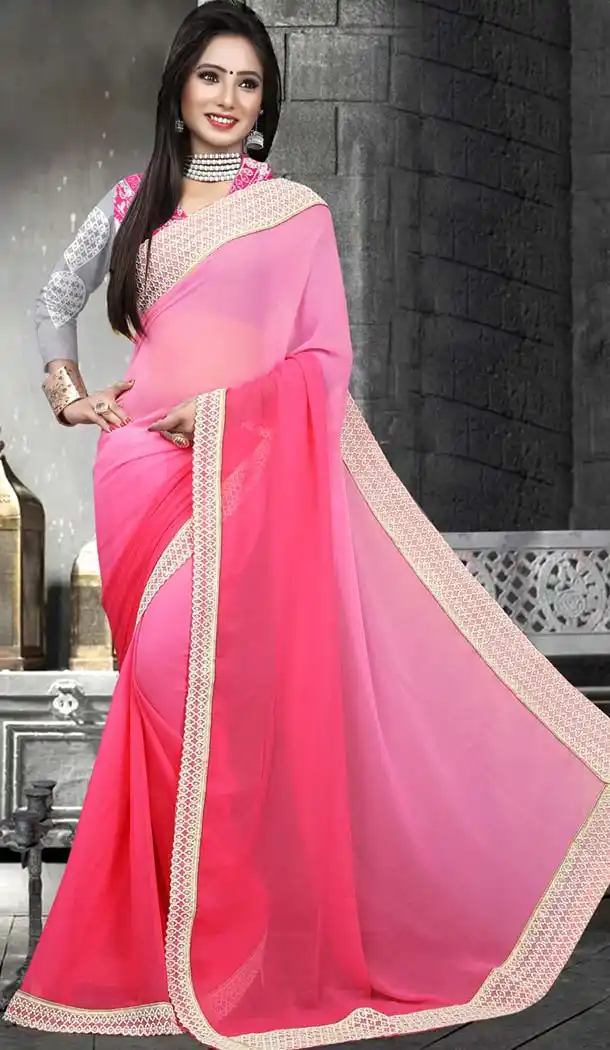 Rose Pink Saree With Plain Pallu | FH418667051