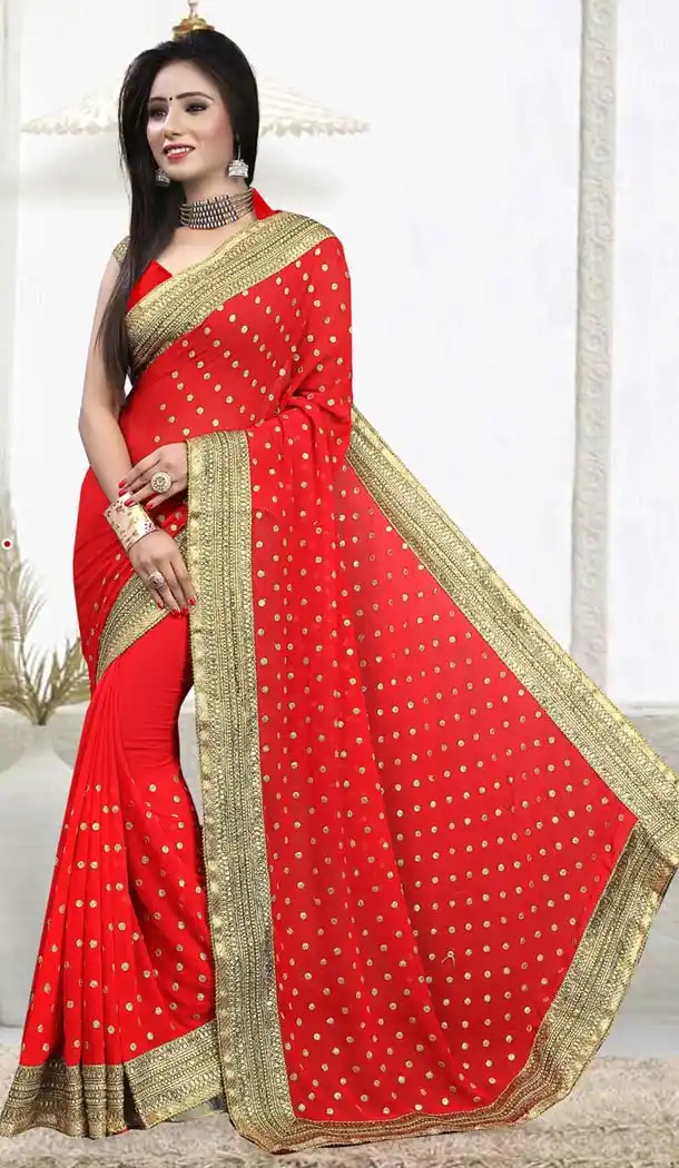 Exquisite Embroidered Pallu Saree in Deep Scarlet | FH418667057