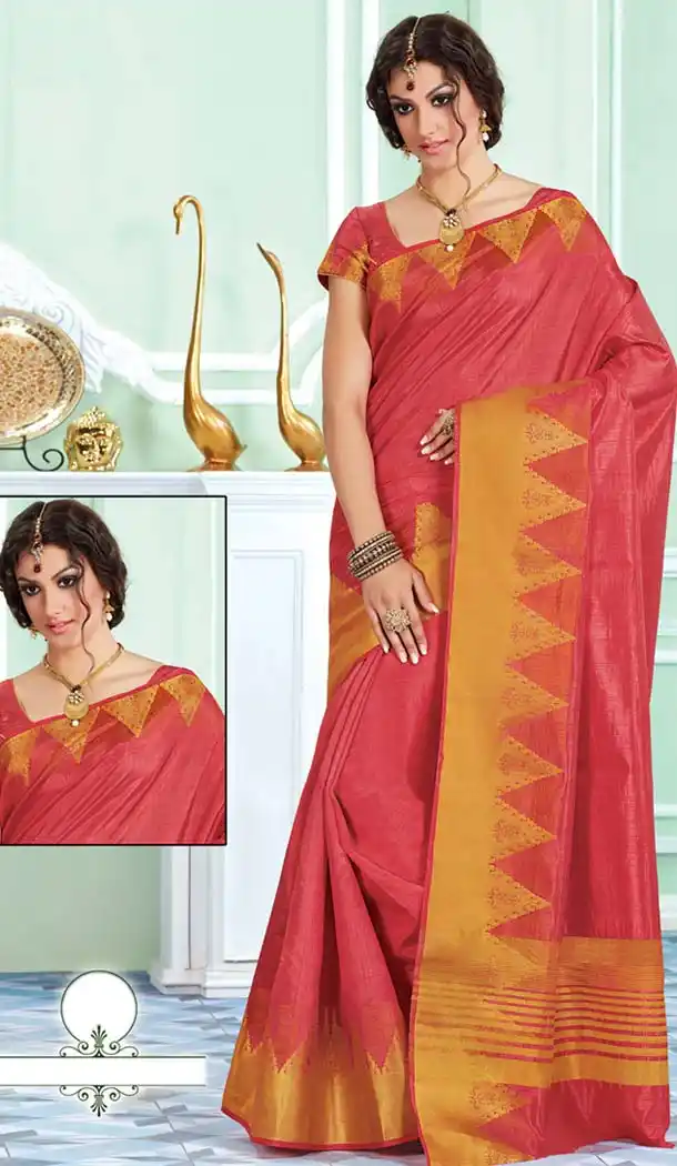 Salmon Tussar Silk Saree | FH418767073