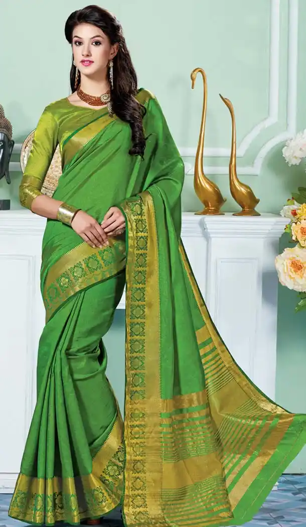 Appealing Plain Pallu Saree in Chrome Green Color | FH418767079