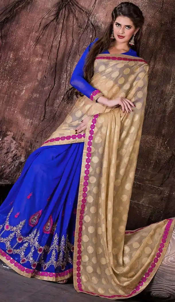Charming Plain Pallu Saree in Royal Blue | FH418867085