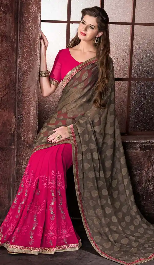 Exquisite Plain Pallu Saree in Deep Pink Color | FH418867092