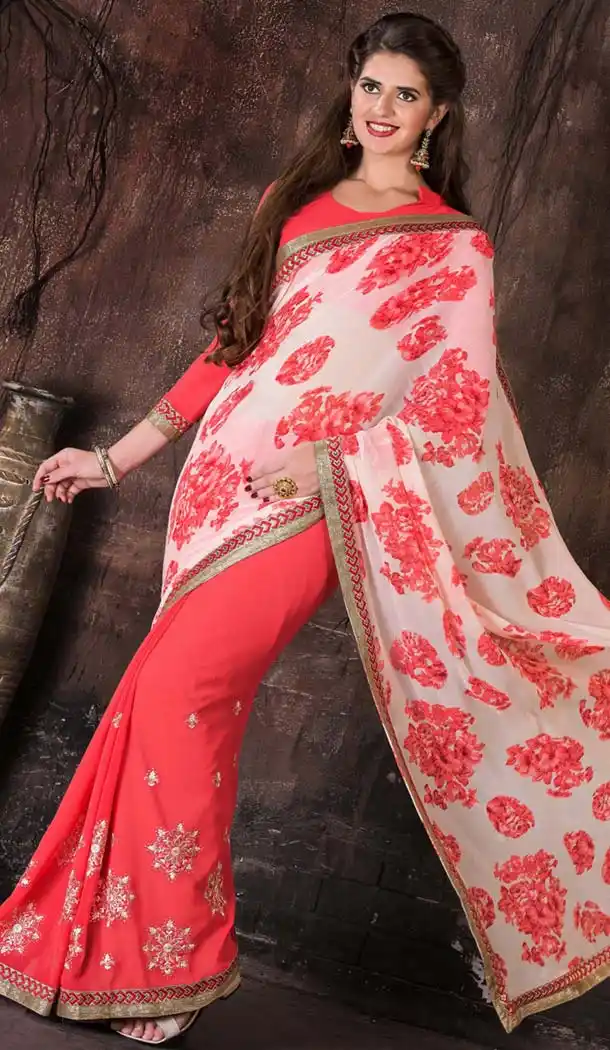 Coral Color Saree With Cute Printed Pallu | FH418867096
