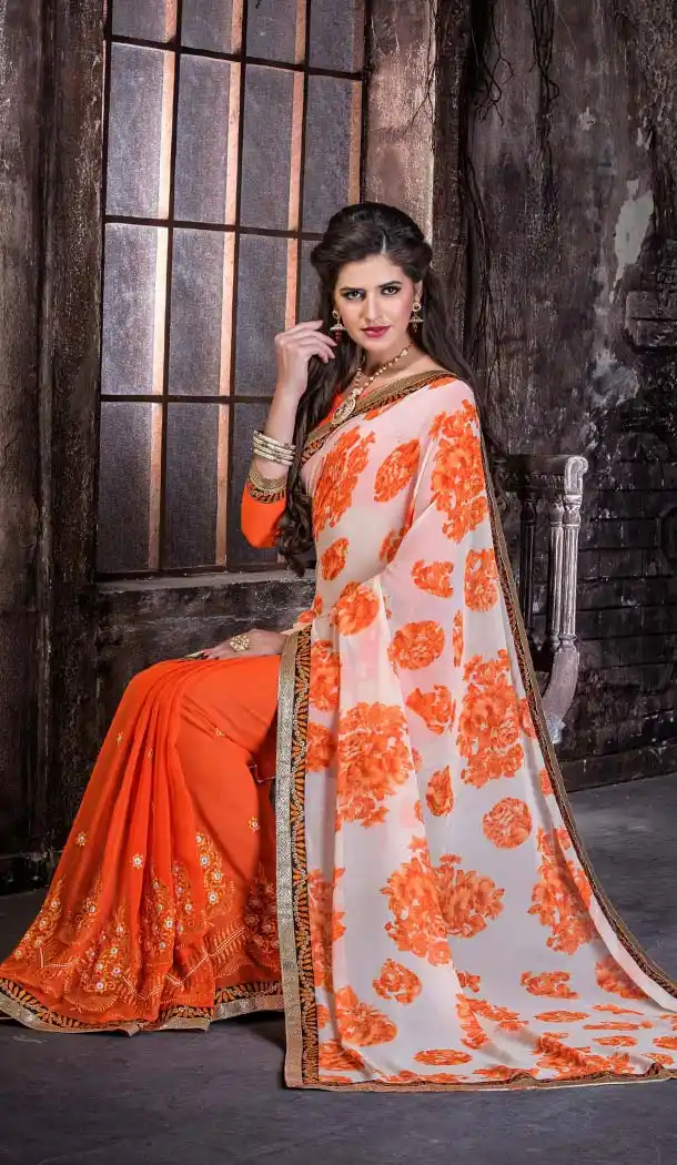 Gorgeous Printed Pallu Saree in Orange Color | FH418867101
