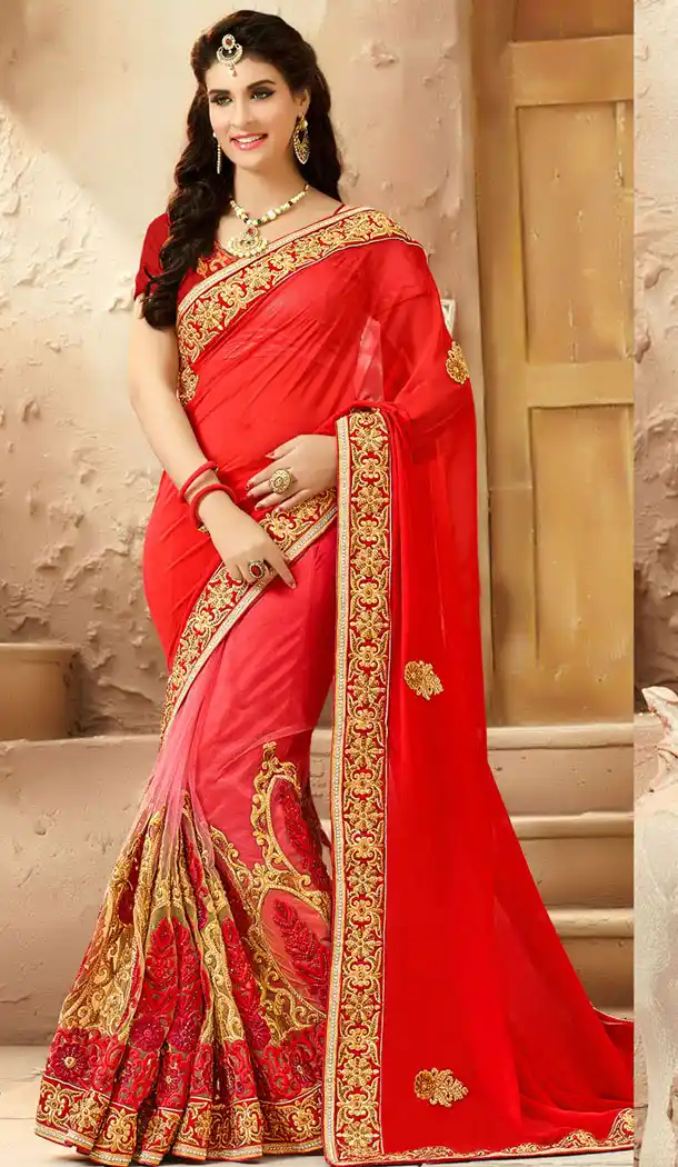 Deep Scarlet Color Net,Viscose Satin Designers Wedding Bridal Sarees with Stitched Blouse | FH418967128