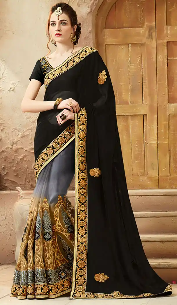 Black Color Net,Viscose Satin Designers Wedding Bridal Sarees with Stitched Blouse | FH418967129