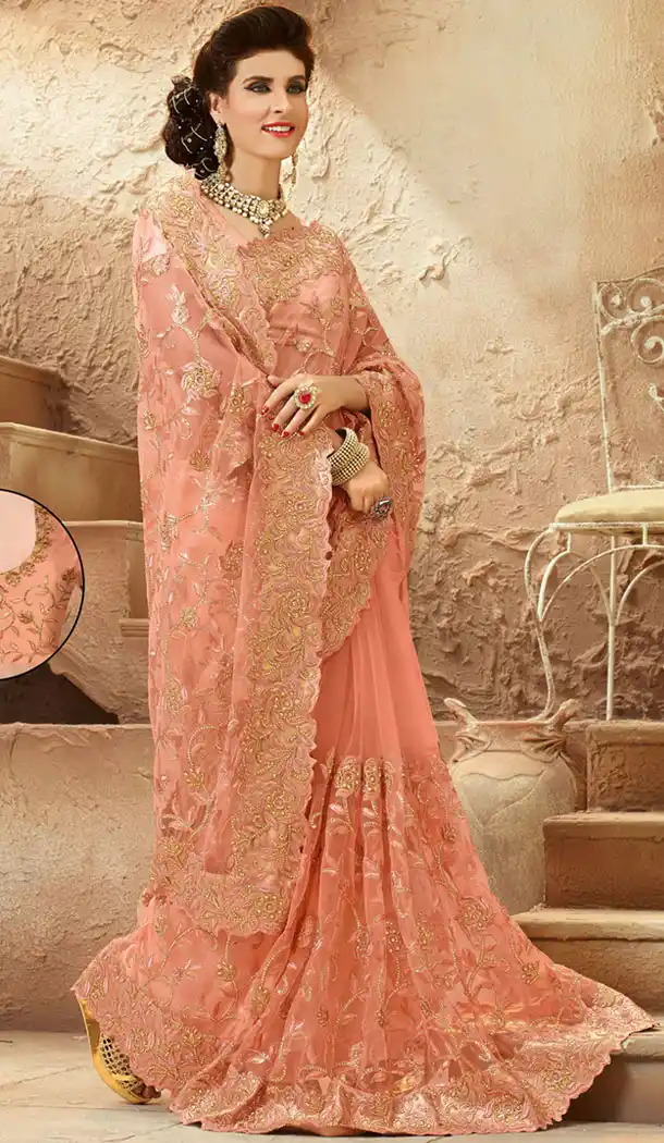 Peach Puff Color Net Designers Wedding Bridal Sarees with Stitched Blouse | FH418967130