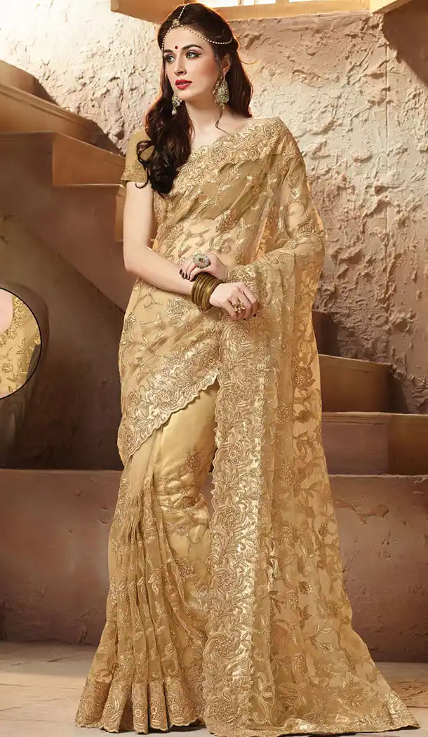 Tan Brown Color Net Designers Wedding Bridal Sarees with Stitched Blouse | FH418967131
