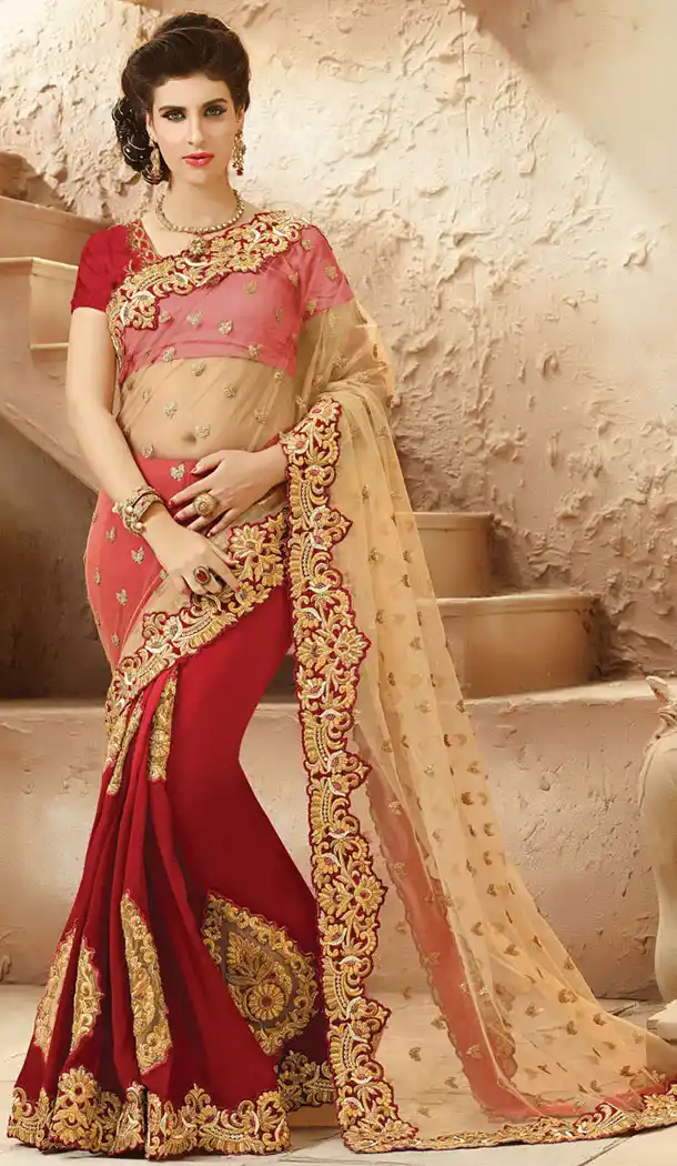 Tan Brown Color Net,Viscose Satin Designers Wedding Bridal Sarees with Stitched Blouse | FH418967133